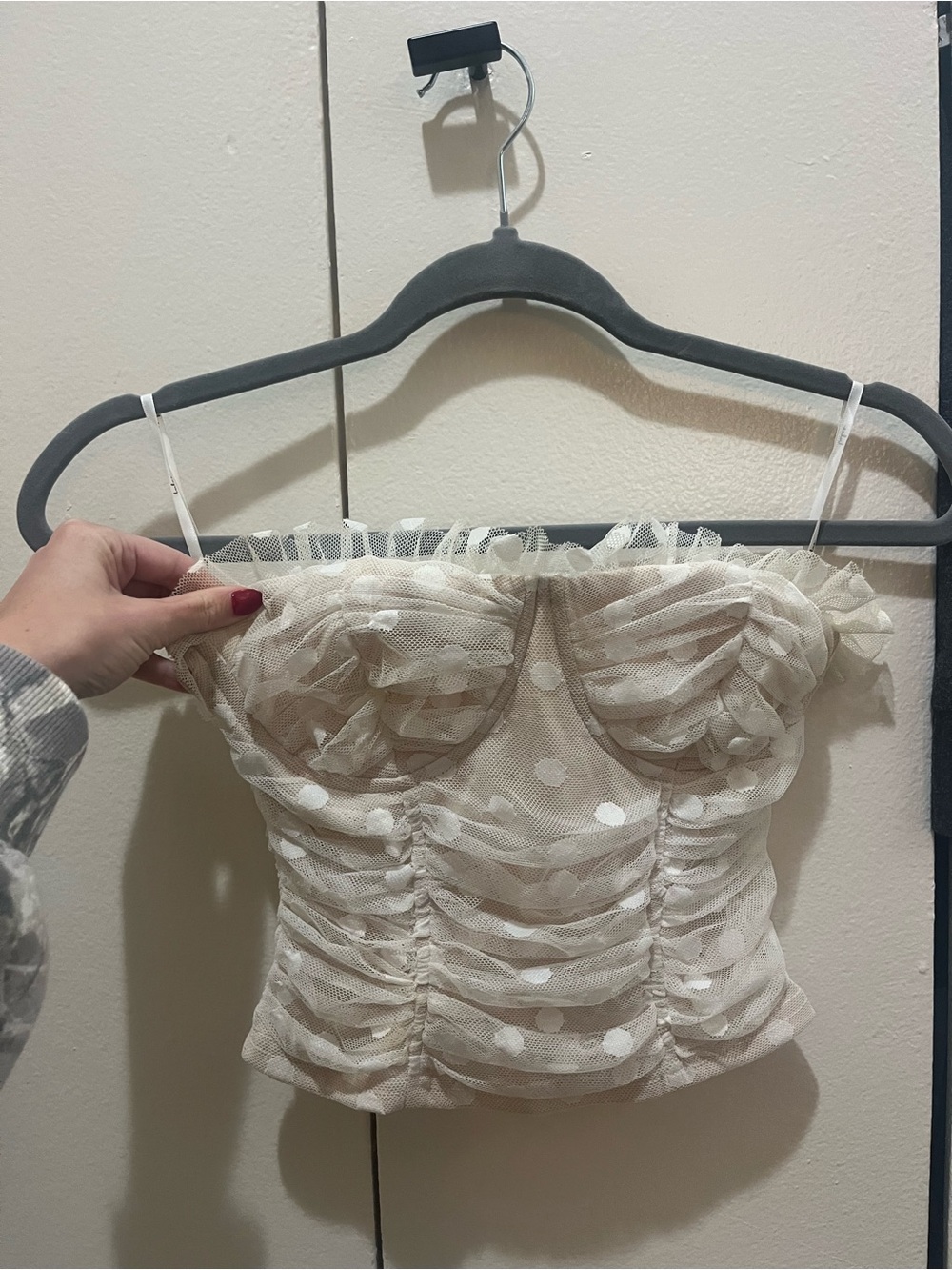 Lulu's Ivory Sheer Polka Dot Ruching Bustier Strapless Top